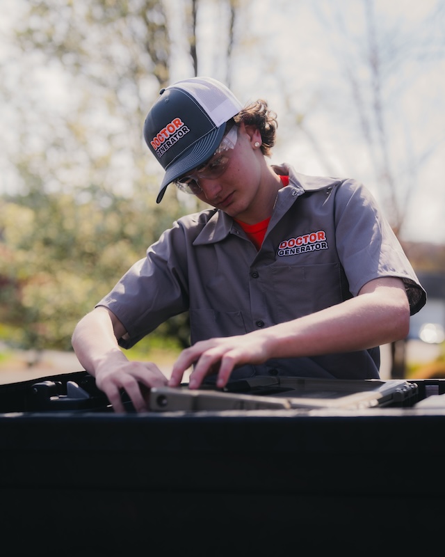 Technician servicing a standby generator